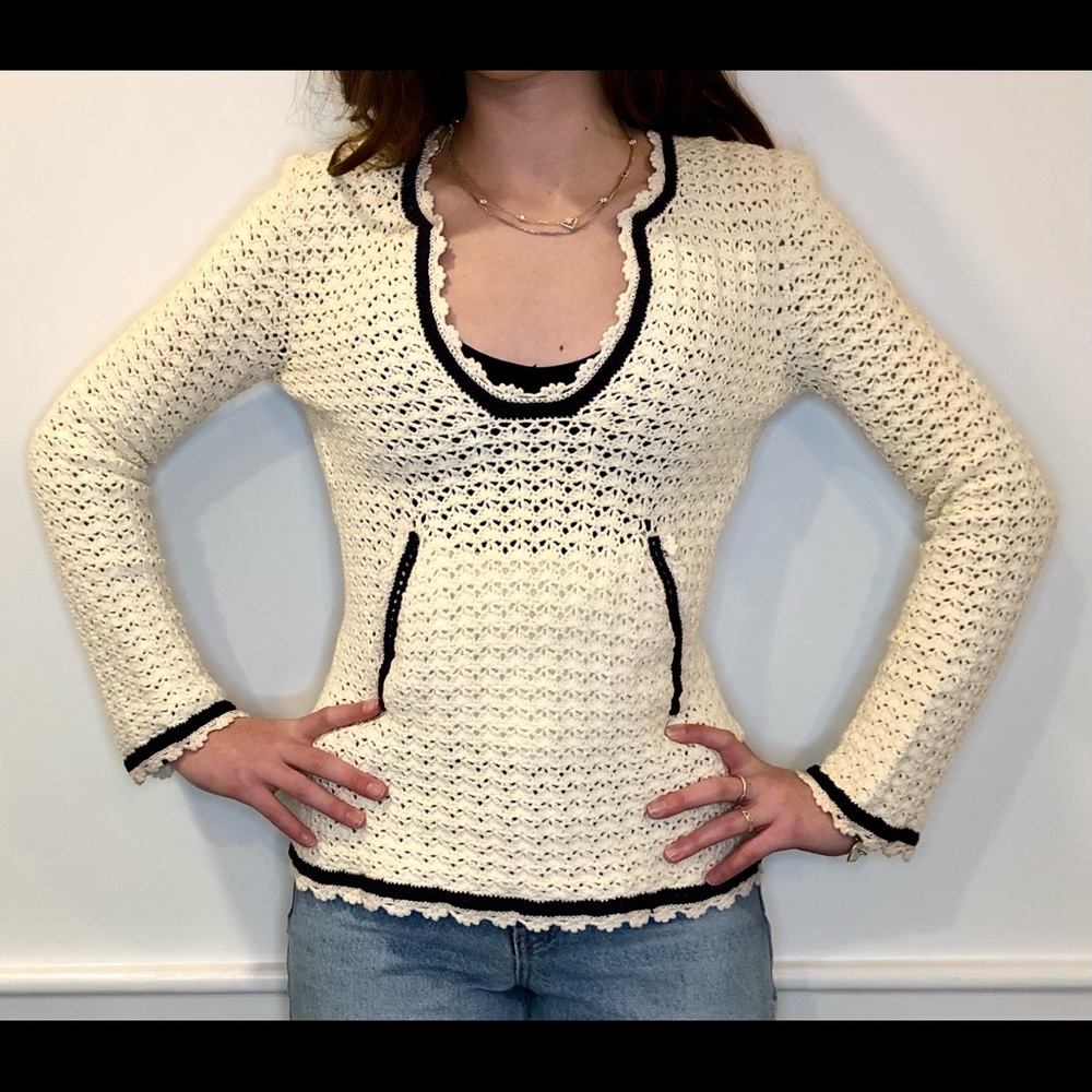 Tory Burch Women’s Knit Crocheted Tunic Sweater Blue Ivory